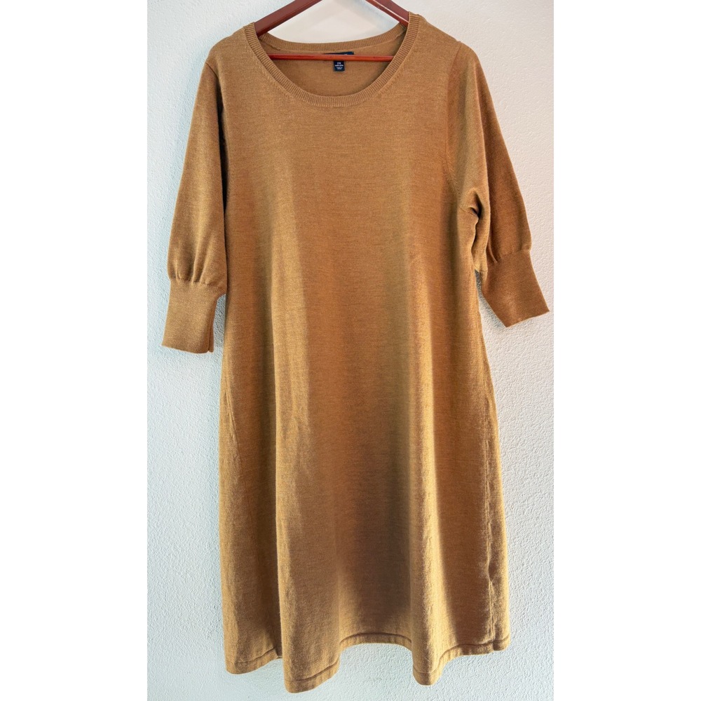 Lands' End Camel Tan Sweater Dress Merino Wool Blend A-Line 3/4 Sleeve Preppy 2X